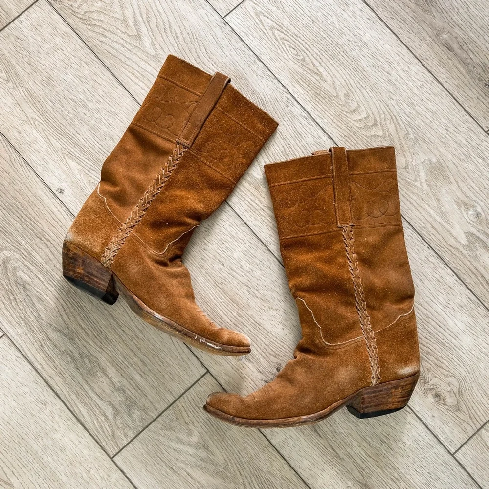 True Vintage Handmade Genuine Leather Brown Western Cowboy Boots USA - Picture 3 of 9